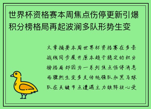世界杯资格赛本周焦点伤停更新引爆积分榜格局再起波澜多队形势生变 世界杯资格赛本周焦点伤停更新引爆积分榜格局再起波澜多队形势生变